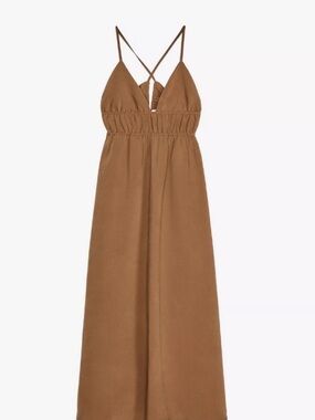 Zara Brown V-Neck Maxi Dress with Spaghetti Straps & Tie Back Size XS